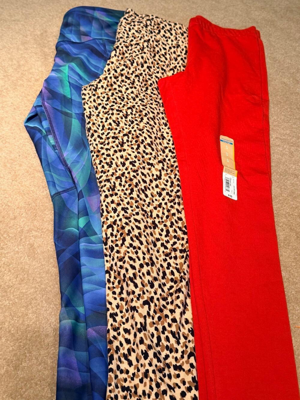 Lot of 3 Womens Leggings Size L 14 Red Solid Animal Print Blue Activewear